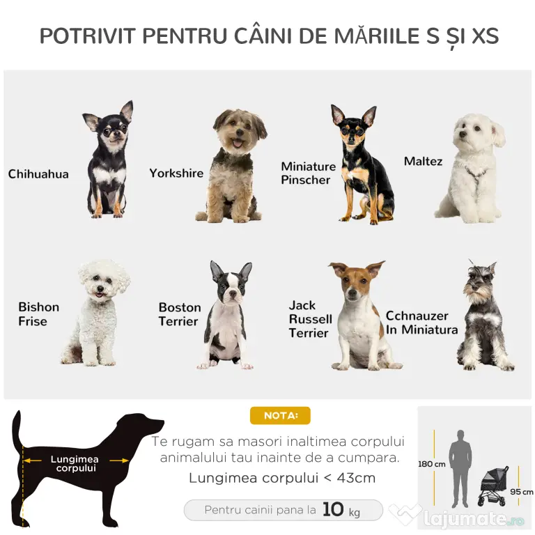 PawHut Cărucior Pliabil pentru Câinii Mici, Mâner Reversibil, Roți EVA, Negru, 76.5x52x95cm | Aosom Romania