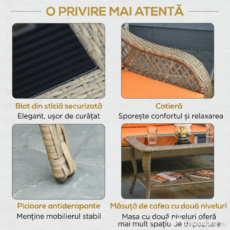 Set Mobilier de Gradina Outsunny, Ratan PE, 2 fotolii si Masa cu Perne, Kaki, Portocaliu | Aosom Romania