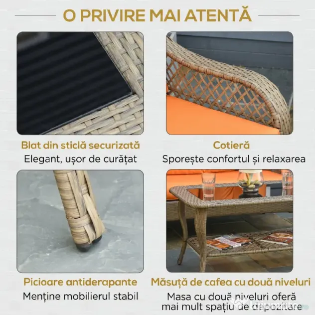 Set Mobilier de Gradina Outsunny, Ratan PE, 2 fotolii si Masa cu Perne, Kaki, Portocaliu | Aosom Romania