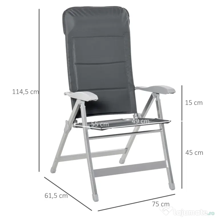Outsunny Scaun de Pescuit Pliabil cu Cotiere și Spătar Înălțat Reglabil, 75x61.5x76-115 cm, Gri | Aosom Romania