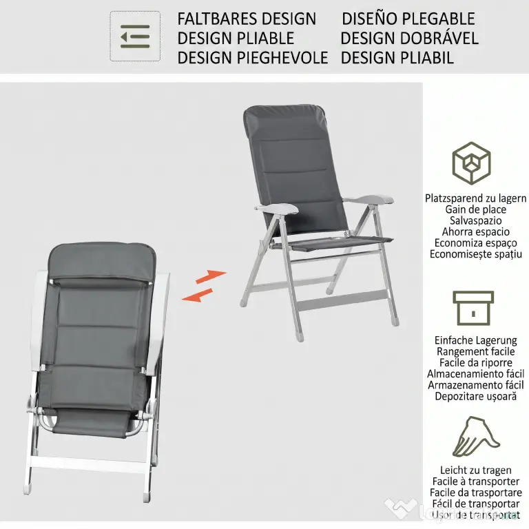 Outsunny Scaun de Pescuit Pliabil cu Cotiere și Spătar Înălțat Reglabil, 75x61.5x76-115 cm, Gri | Aosom Romania