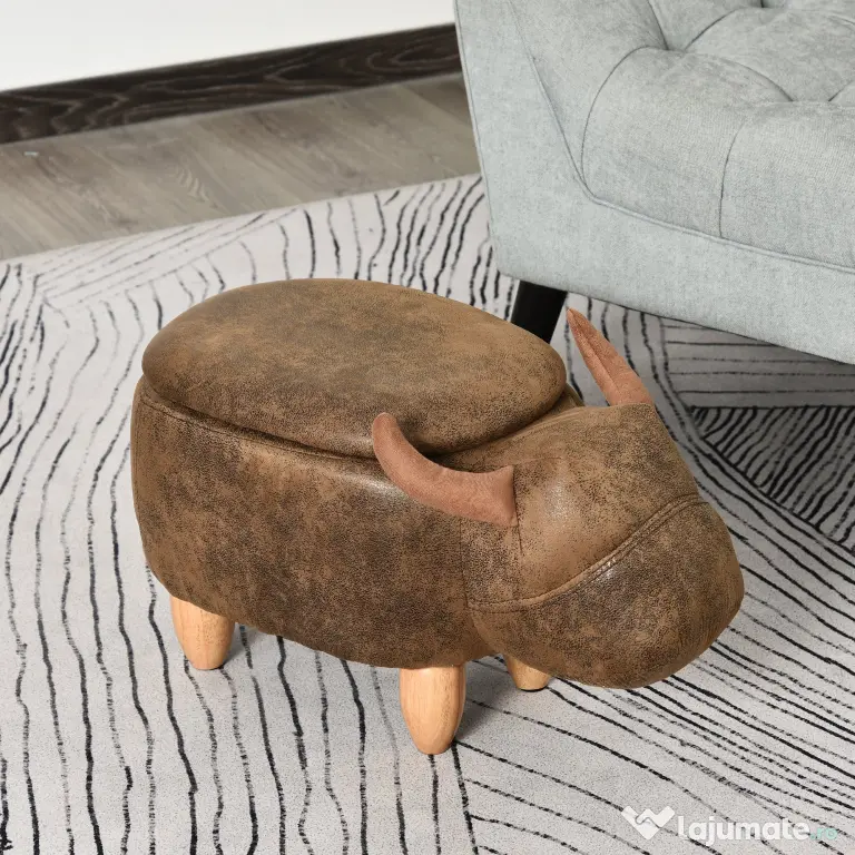 Puf Cutie in Forma de Bivol, Taburet Suport de Picioare cu Structura din Lemn si Sezut Capitonat, 62x35x36cm, Maro HOMCOM | Aosom Romania