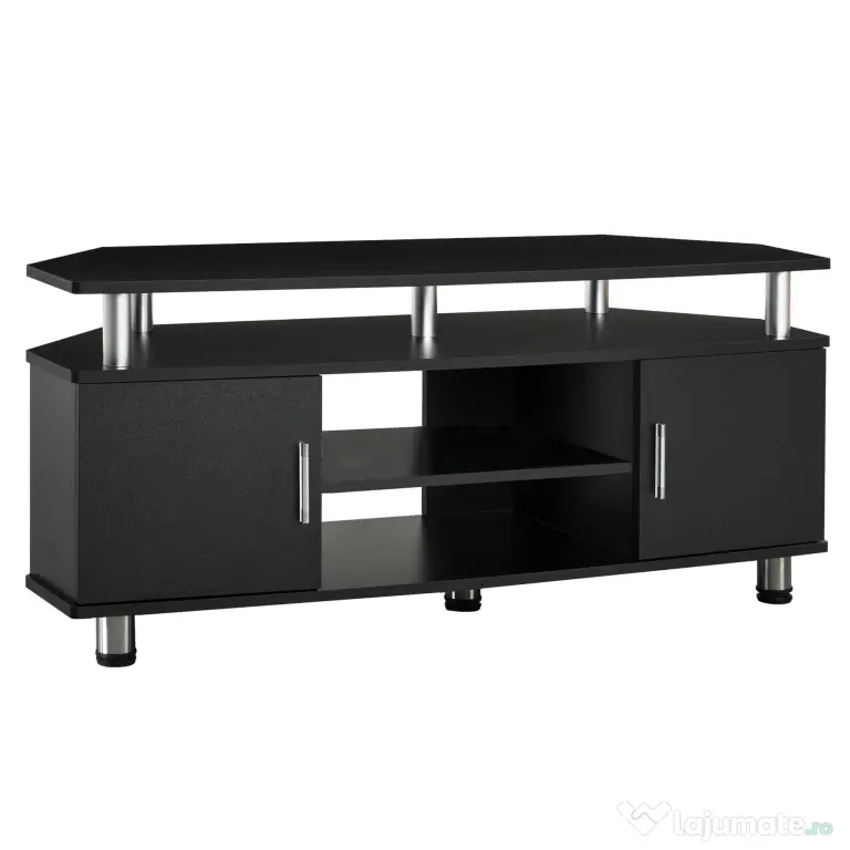Comoda TV moderna HOMCOM, cu 2 compartimente inchise, raft, blat, benzi antiderapante, picioare din otel inox, din lemn, negru | Aosom Romania