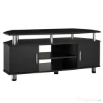 Comoda TV moderna HOMCOM, cu 2 compartimente inchise, raft, blat, benzi antiderapante, picioare din otel inox, din lemn, negru | Aosom Romania
