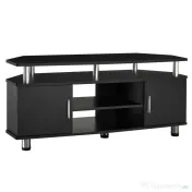 Comoda TV moderna HOMCOM, cu 2 compartimente inchise, raft, blat, benzi antiderapante, picioare din otel inox, din lemn, negru | Aosom Romania