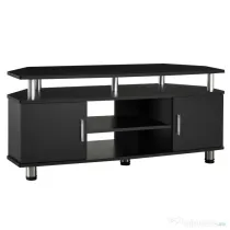 Comoda TV moderna HOMCOM, cu 2 compartimente inchise, raft, blat, benzi antiderapante, picioare din otel inox, din lemn, negru | Aosom Romania