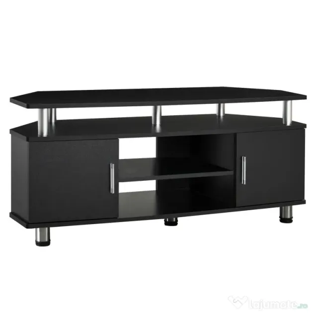 Comoda TV moderna HOMCOM, cu 2 compartimente inchise, raft, blat, benzi antiderapante, picioare din otel inox, din lemn, negru | Aosom Romania