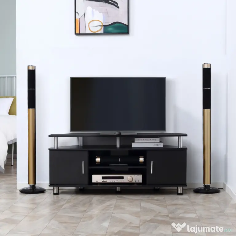 Comoda TV moderna HOMCOM, cu 2 compartimente inchise, raft, blat, benzi antiderapante, picioare din otel inox, din lemn, negru | Aosom Romania