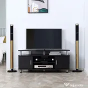 Comoda TV moderna HOMCOM, cu 2 compartimente inchise, raft, blat, benzi antiderapante, picioare din otel inox, din lemn, negru | Aosom Romania