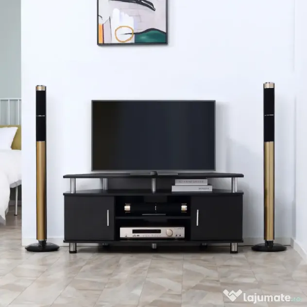Comoda TV moderna HOMCOM, cu 2 compartimente inchise, raft, blat, benzi antiderapante, picioare din otel inox, din lemn, negru | Aosom Romania