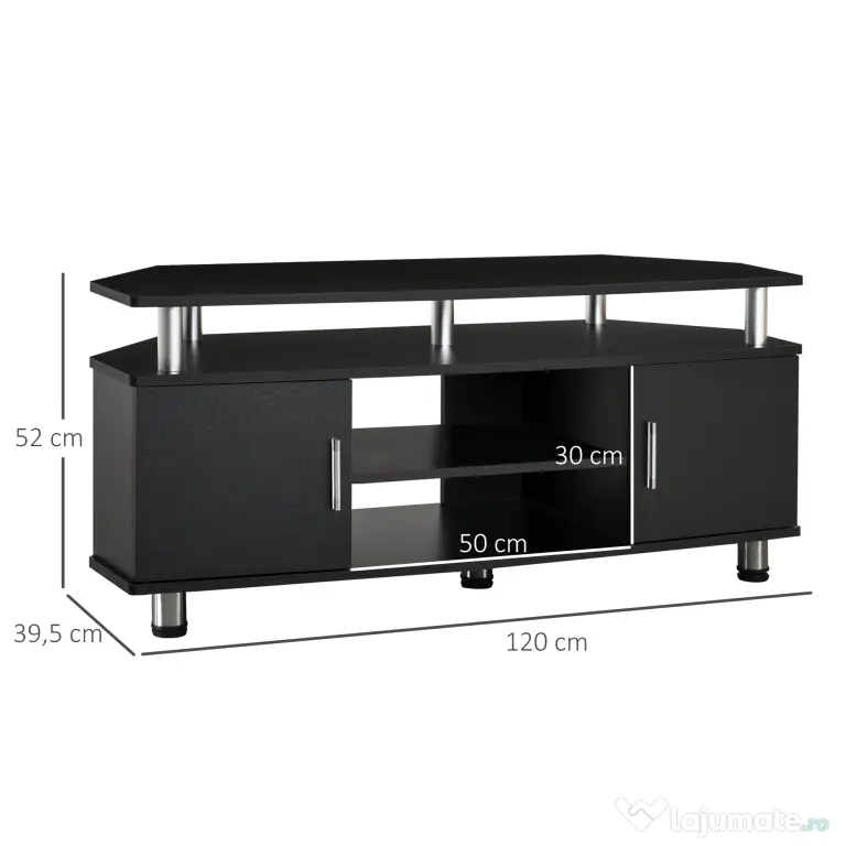 Comoda TV moderna HOMCOM, cu 2 compartimente inchise, raft, blat, benzi antiderapante, picioare din otel inox, din lemn, negru | Aosom Romania