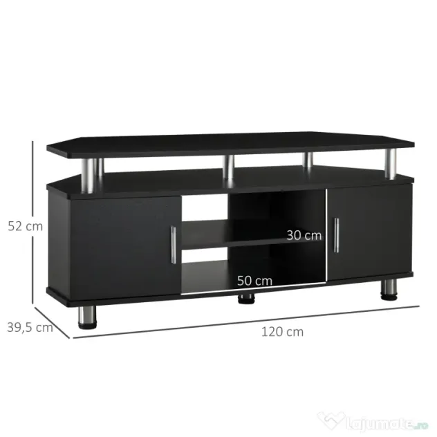 Comoda TV moderna HOMCOM, cu 2 compartimente inchise, raft, blat, benzi antiderapante, picioare din otel inox, din lemn, negru | Aosom Romania