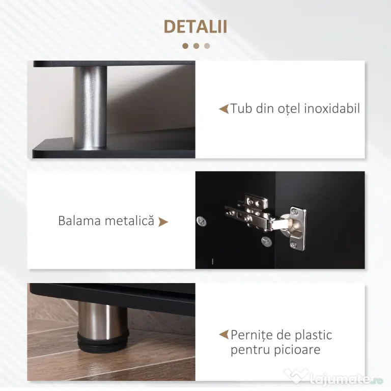 Comoda TV moderna HOMCOM, cu 2 compartimente inchise, raft, blat, benzi antiderapante, picioare din otel inox, din lemn, negru | Aosom Romania