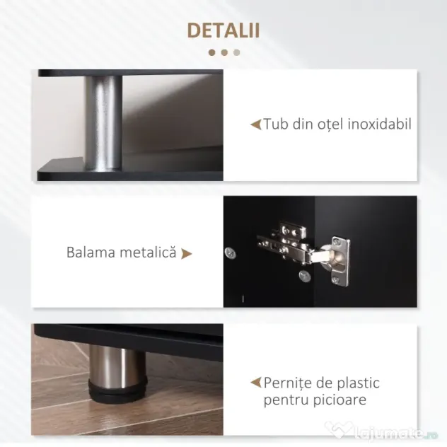 Comoda TV moderna HOMCOM, cu 2 compartimente inchise, raft, blat, benzi antiderapante, picioare din otel inox, din lemn, negru | Aosom Romania