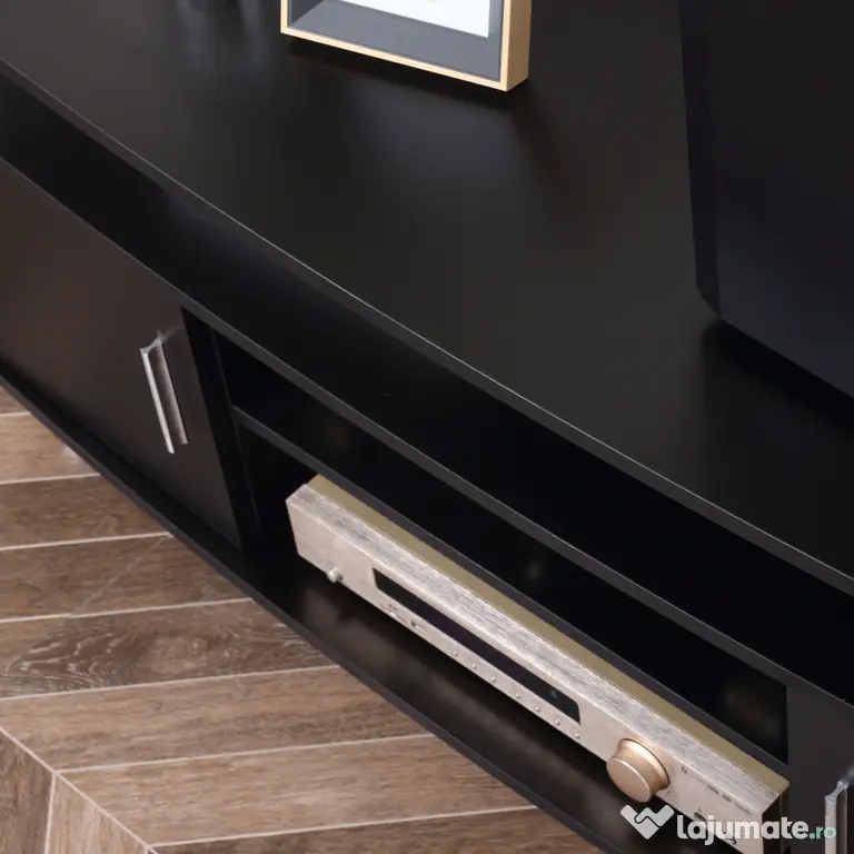 Comoda TV moderna HOMCOM, cu 2 compartimente inchise, raft, blat, benzi antiderapante, picioare din otel inox, din lemn, negru | Aosom Romania