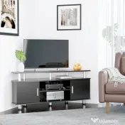 Comoda TV moderna HOMCOM, cu 2 compartimente inchise, raft, blat, benzi antiderapante, picioare din otel inox, din lemn, negru | Aosom Romania