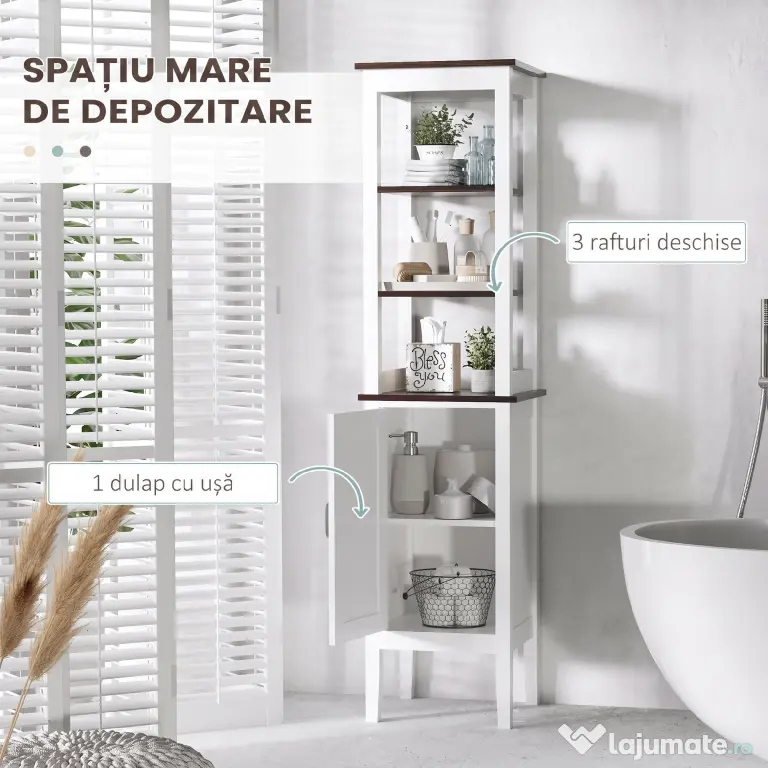 HOMCOM Dulap Baie Îngust, Dulăpior Vertical cu 3 Rafturi Deschise și Raft Reglabil, pentru Spălătorie, 40x38x162.5 cm, Alb | Aosom Romania