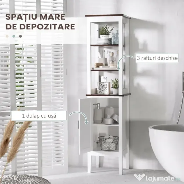 HOMCOM Dulap Baie Îngust, Dulăpior Vertical cu 3 Rafturi Deschise și Raft Reglabil, pentru Spălătorie, 40x38x162.5 cm, Alb | Aosom Romania