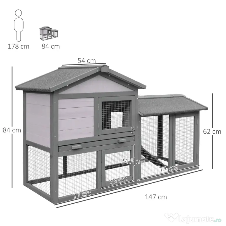 PawHut cusca pentru iepuri, cu tarc, 147x54x84 cm, gri | Aosom Romania