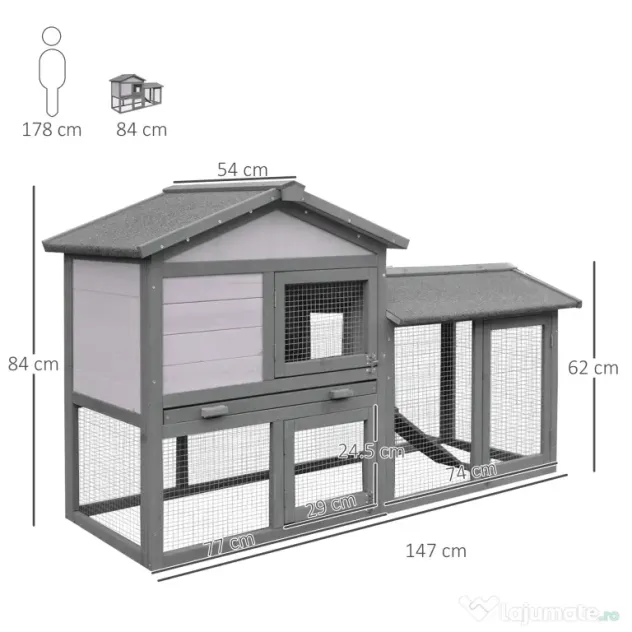 PawHut cusca pentru iepuri, cu tarc, 147x54x84 cm, gri | Aosom Romania