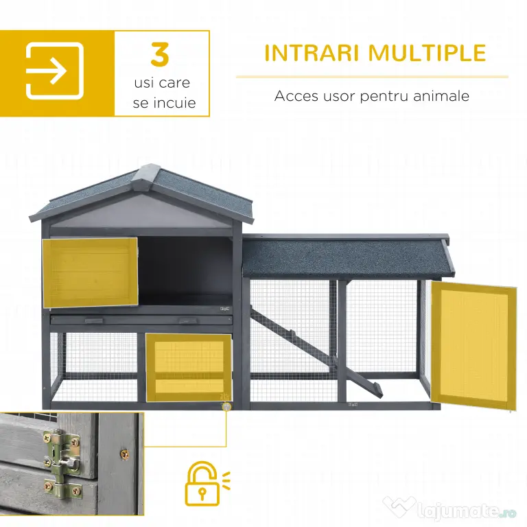 PawHut cusca pentru iepuri, cu tarc, 147x54x84 cm, gri | Aosom Romania
