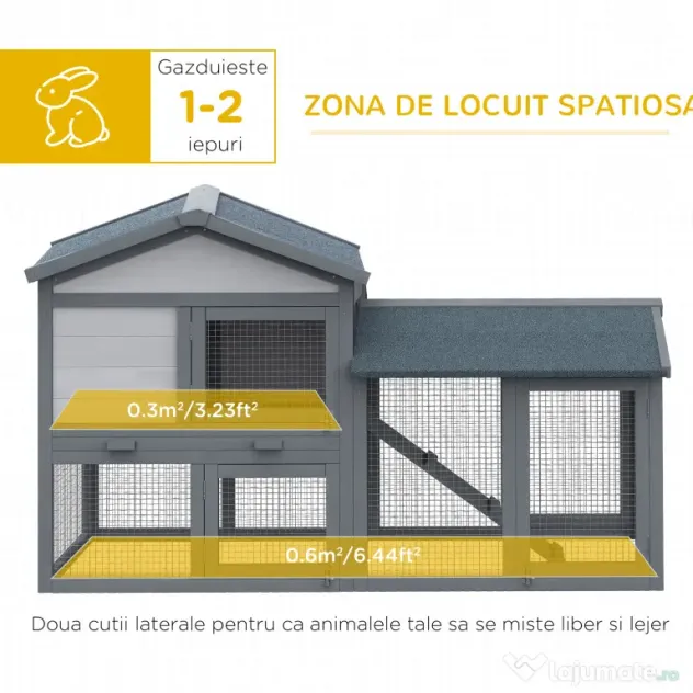 PawHut cusca pentru iepuri, cu tarc, 147x54x84 cm, gri | Aosom Romania