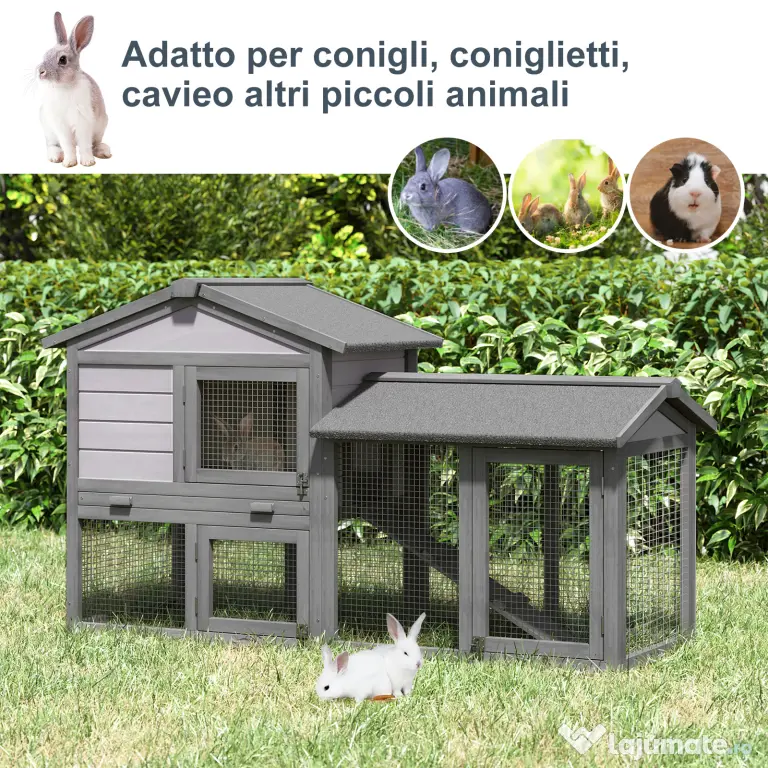PawHut cusca pentru iepuri, cu tarc, 147x54x84 cm, gri | Aosom Romania