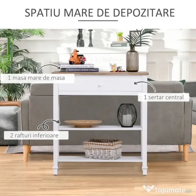 HOMCOM Masa multifunctionala pentru hol, cu sertar, lemn pin, 75.6x27.5x80.5cm, alb | Aosom Romania