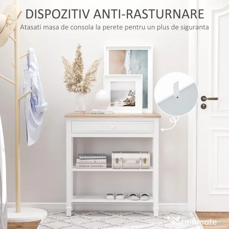 HOMCOM Masa multifunctionala pentru hol, cu sertar, lemn pin, 75.6x27.5x80.5cm, alb | Aosom Romania