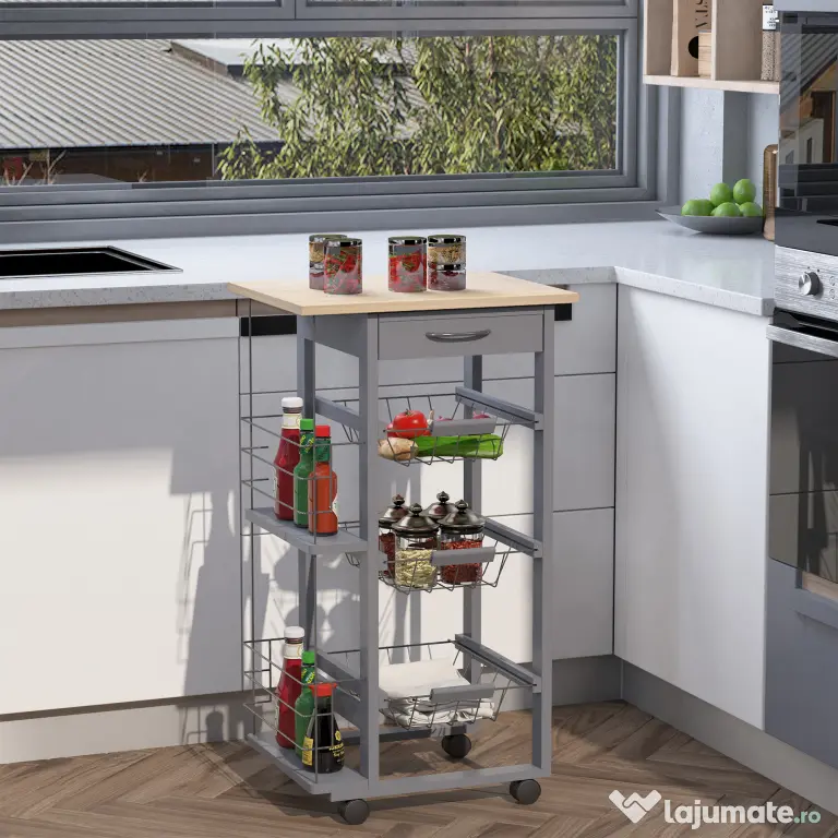 HOMCOM Carucior Bucatarie Multifunctional cu 3 Sertare Detasabile 2 Suporturi Sticle Lemn de Pin Metal 47x37x83cm Stejar Gri | Aosom Romania
