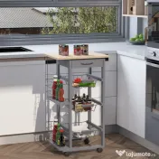 HOMCOM Carucior Bucatarie Multifunctional cu 3 Sertare Detasabile 2 Suporturi Sticle Lemn de Pin Metal 47x37x83cm Stejar Gri | Aosom Romania 