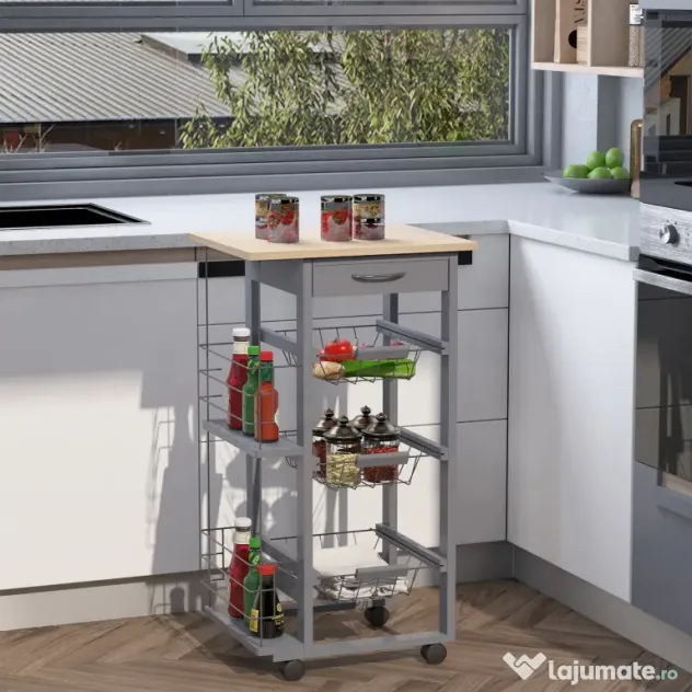 HOMCOM Carucior Bucatarie Multifunctional cu 3 Sertare Detasabile 2 Suporturi Sticle Lemn de Pin Metal 47x37x83cm Stejar Gri | Aosom Romania