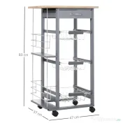 HOMCOM Carucior Bucatarie Multifunctional cu 3 Sertare Detasabile 2 Suporturi Sticle Lemn de Pin Metal 47x37x83cm Stejar Gri | Aosom Romania 
