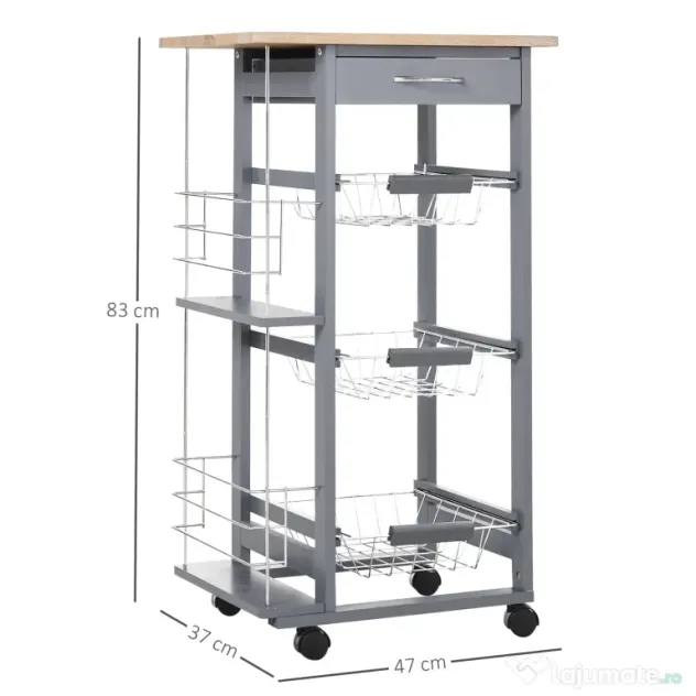 HOMCOM Carucior Bucatarie Multifunctional cu 3 Sertare Detasabile 2 Suporturi Sticle Lemn de Pin Metal 47x37x83cm Stejar Gri | Aosom Romania