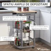 HOMCOM Carucior Bucatarie Multifunctional cu 3 Sertare Detasabile 2 Suporturi Sticle Lemn de Pin Metal 47x37x83cm Stejar Gri | Aosom Romania 