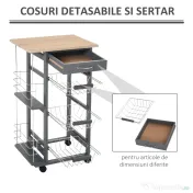 HOMCOM Carucior Bucatarie Multifunctional cu 3 Sertare Detasabile 2 Suporturi Sticle Lemn de Pin Metal 47x37x83cm Stejar Gri | Aosom Romania 