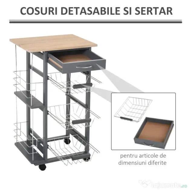 HOMCOM Carucior Bucatarie Multifunctional cu 3 Sertare Detasabile 2 Suporturi Sticle Lemn de Pin Metal 47x37x83cm Stejar Gri | Aosom Romania