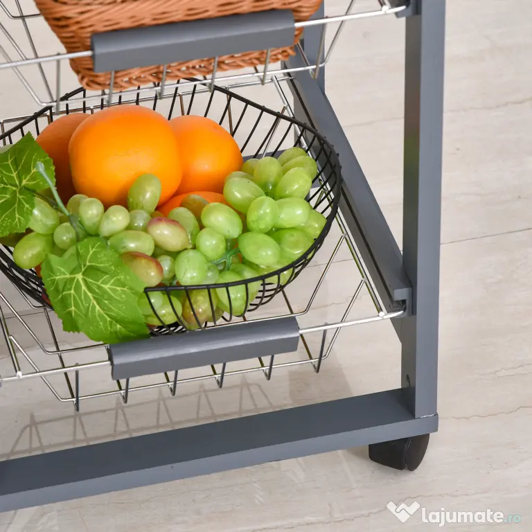 HOMCOM Carucior Bucatarie Multifunctional cu 3 Sertare Detasabile 2 Suporturi Sticle Lemn de Pin Metal 47x37x83cm Stejar Gri | Aosom Romania