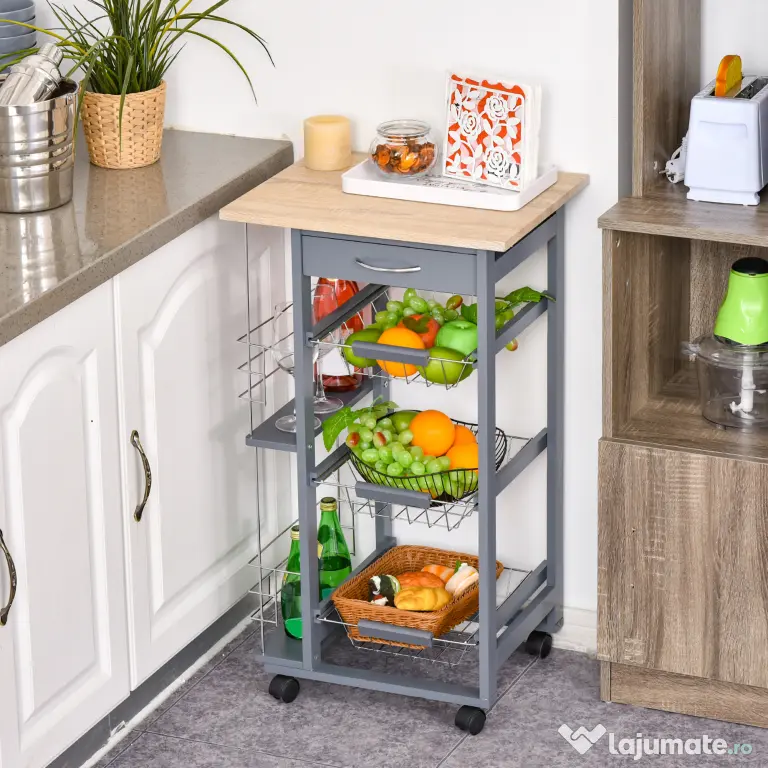 HOMCOM Carucior Bucatarie Multifunctional cu 3 Sertare Detasabile 2 Suporturi Sticle Lemn de Pin Metal 47x37x83cm Stejar Gri | Aosom Romania
