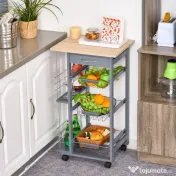 HOMCOM Carucior Bucatarie Multifunctional cu 3 Sertare Detasabile 2 Suporturi Sticle Lemn de Pin Metal 47x37x83cm Stejar Gri | Aosom Romania 