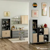 HOMCOM Carucior Bucatarie Multifunctional cu 3 Sertare Detasabile 2 Suporturi Sticle Lemn de Pin Metal 47x37x83cm Stejar Gri | Aosom Romania 