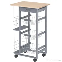 HOMCOM Cărucior de Bucătărie cu Sertare Detașabile și 2 Suporturi pentru Sticle, din Lemn de Pin și Metal, 47x37x83 cm