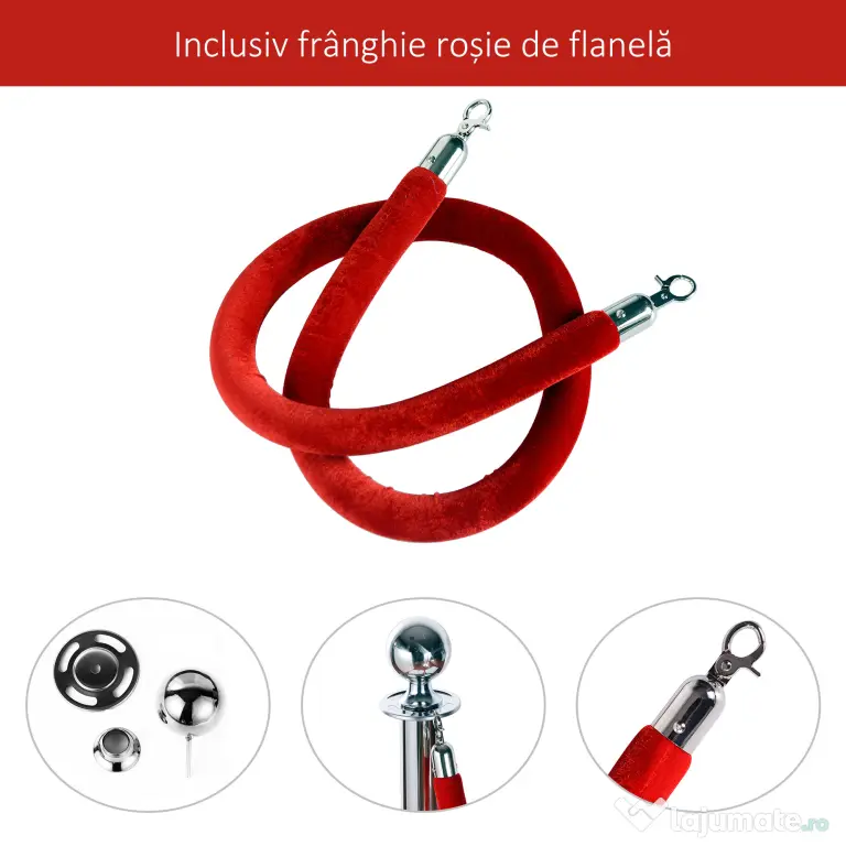 HOMCOM Coloană Separatoare cu Bandă Roșie, Oțel Inoxidabil, Ф32x95 cm, Argintiu | Aosom Romania
