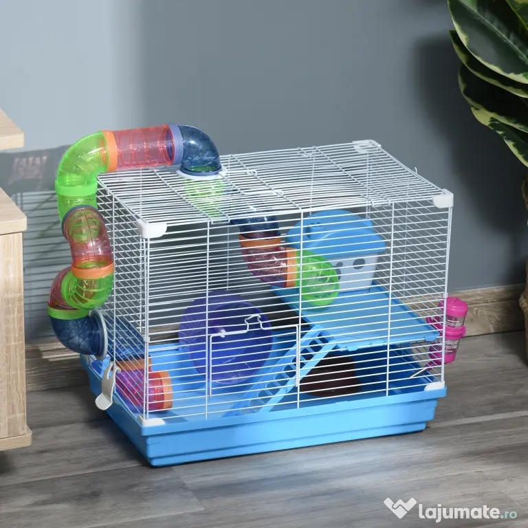 PawHut Cușcă pentru Hamster cu 2 Niveluri, Rezervor de Apă, Tavă Detașabilă, Tunel și Roată, 46x30x37cm, Albastru | Aosom Romania