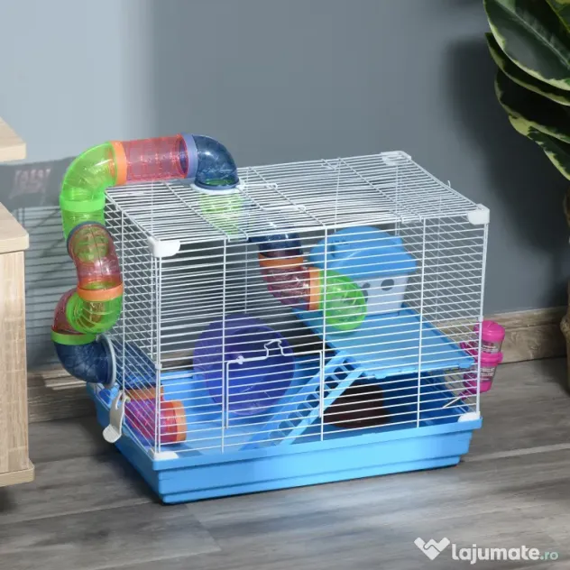 PawHut Cușcă pentru Hamster cu 2 Niveluri, Rezervor de Apă, Tavă Detașabilă, Tunel și Roată, 46x30x37cm, Albastru | Aosom Romania