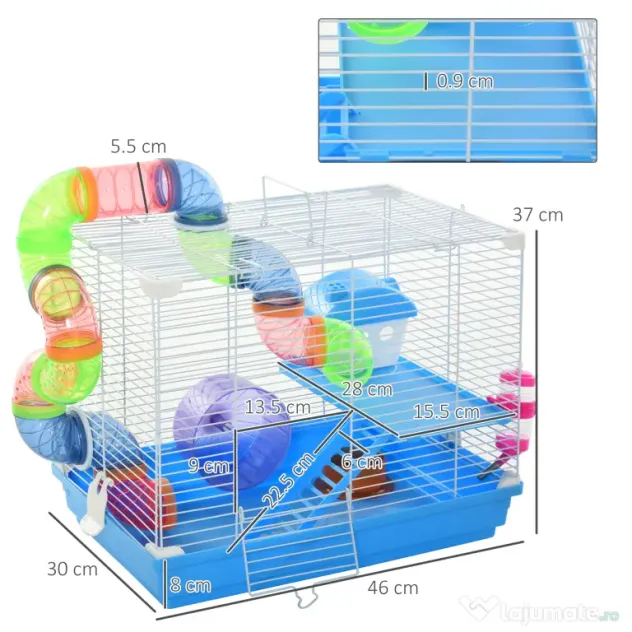 PawHut Cușcă pentru Hamster cu 2 Niveluri, Rezervor de Apă, Tavă Detașabilă, Tunel și Roată, 46x30x37cm, Albastru | Aosom Romania