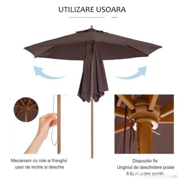 Outsunny Umbrelă de Soare pentru Grădină, Structură din Lemn, Φ250 cm, Ideală pentru Exterior | Aosom Romania