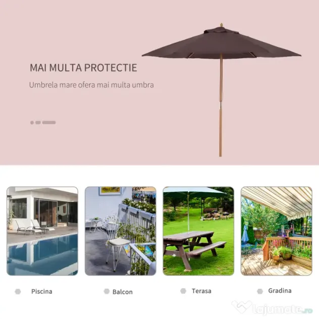 Outsunny Umbrelă de Soare pentru Grădină, Structură din Lemn, Φ250 cm, Ideală pentru Exterior | Aosom Romania