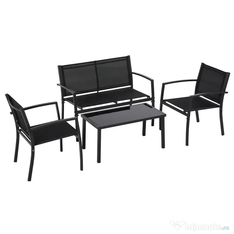 Outsunny Set de Gradina 4 bucati cu Masuta de cafea, 2 Scaune si o Panca in Metal, Negru | Aosom Romania