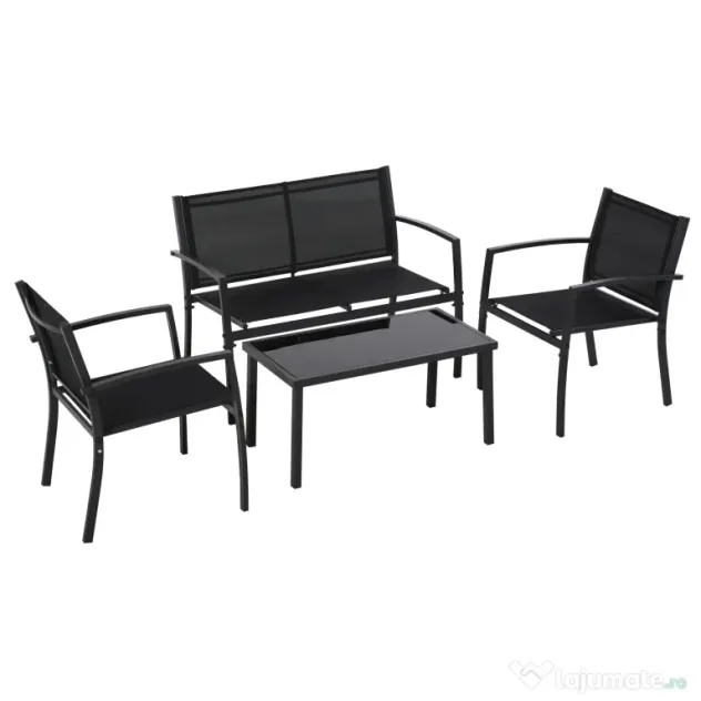 Outsunny Set de Gradina 4 bucati cu Masuta de cafea, 2 Scaune si o Panca in Metal, Negru | Aosom Romania